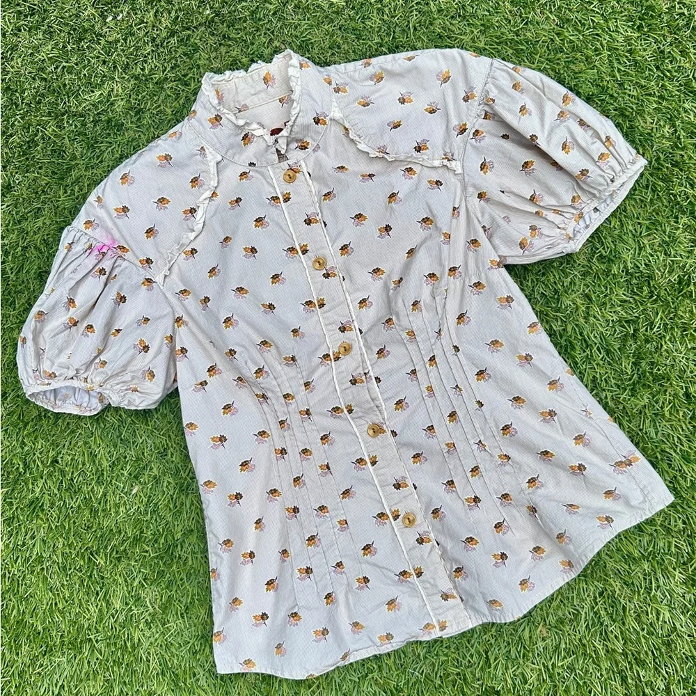 Free People Tiny Floral Bouquets Puff Sleeve Button Down Shirt- size 2